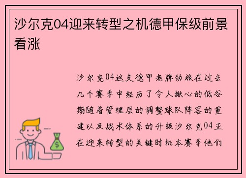 沙尔克04迎来转型之机德甲保级前景看涨